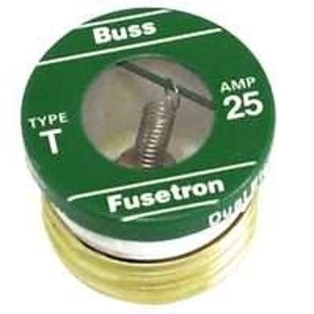 EATON BUSSMANN Plug Fuse, T Series, Time-Delay, 25A, 125V AC, Indicating, 10kA at 125V AC T-25